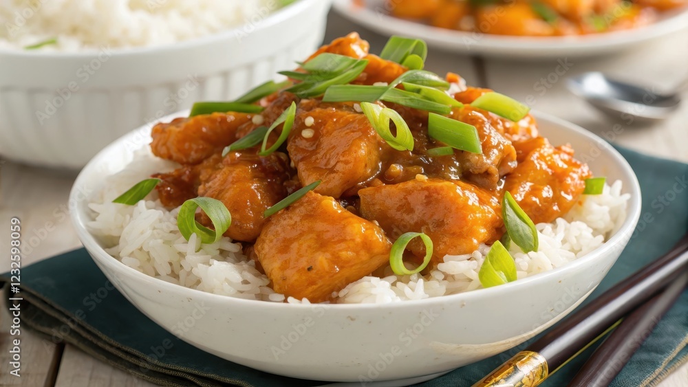 Sweet and Savory Chicken with Rice in a Bowl, Garnished with Green Onions Sweet and Savory Chicken with Rice in a Bowl, Garnished with Green Onions