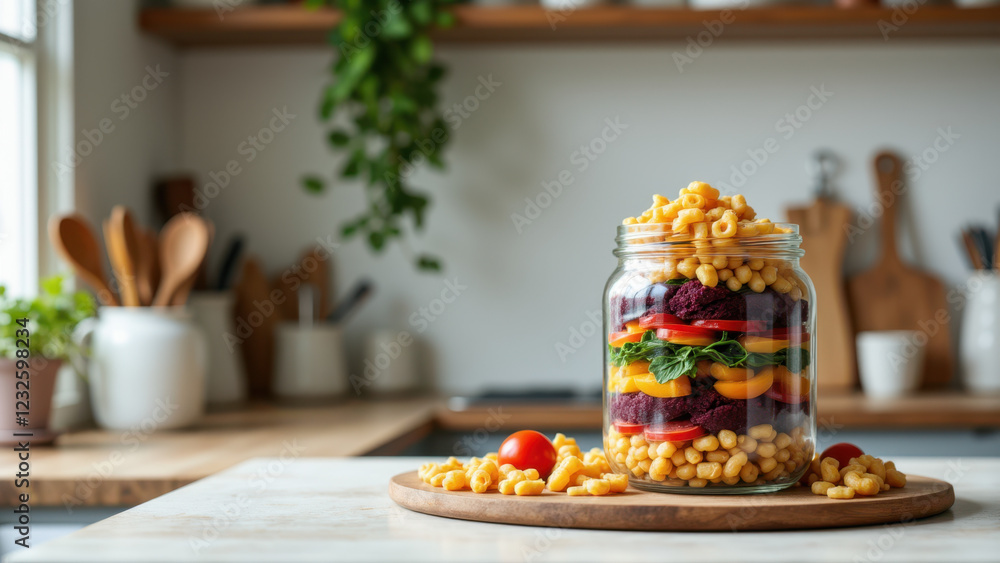 Naklejka premium Batch cooking with colorful vegetables, including corn, red cabbage, tomatoes, and carrots, contained in a jar on a kitchen counter.
