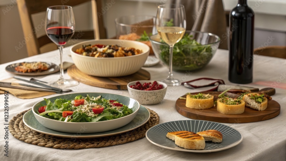 A table set for a casual dinner party featuring various dishes, including a vibrant green salad, a hearty bowl of food, and grilled bread A table set for a casual dinner party featuring various dishes, including a vibrant green salad, a hearty bowl of food, and grilled bread