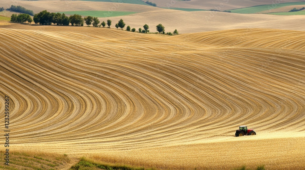 Obraz premium Farmland aerial view with geometric crop patterns and a lone tractor in the field