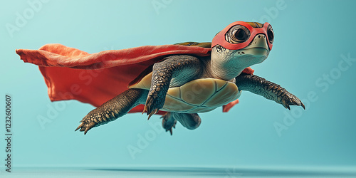Flying superhero turtle imaginary world digital art vibrant colors close-up fun and whimsical adventure