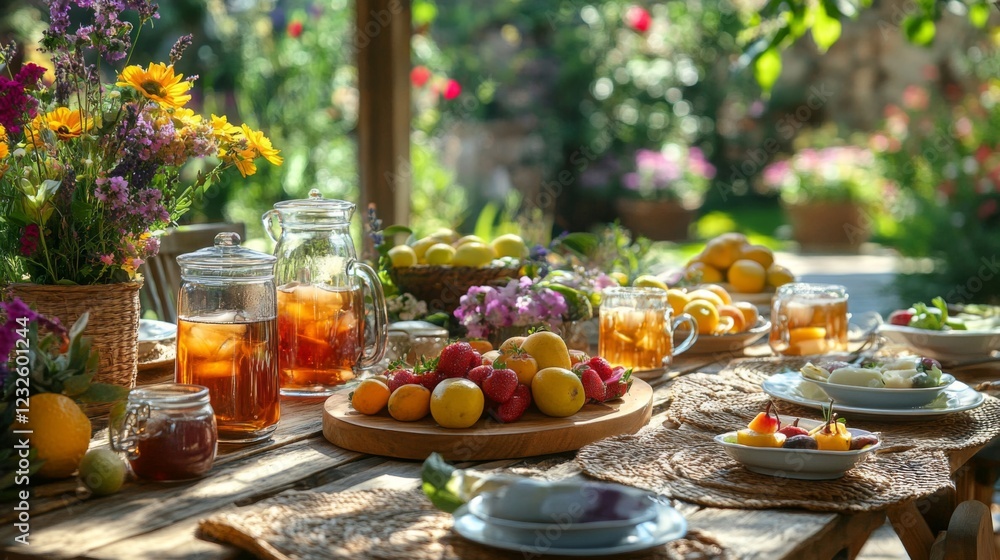 Summer Garden Picnic with Refreshing Drinks and Fruits Summer Garden Picnic with Refreshing Drinks and Fruits