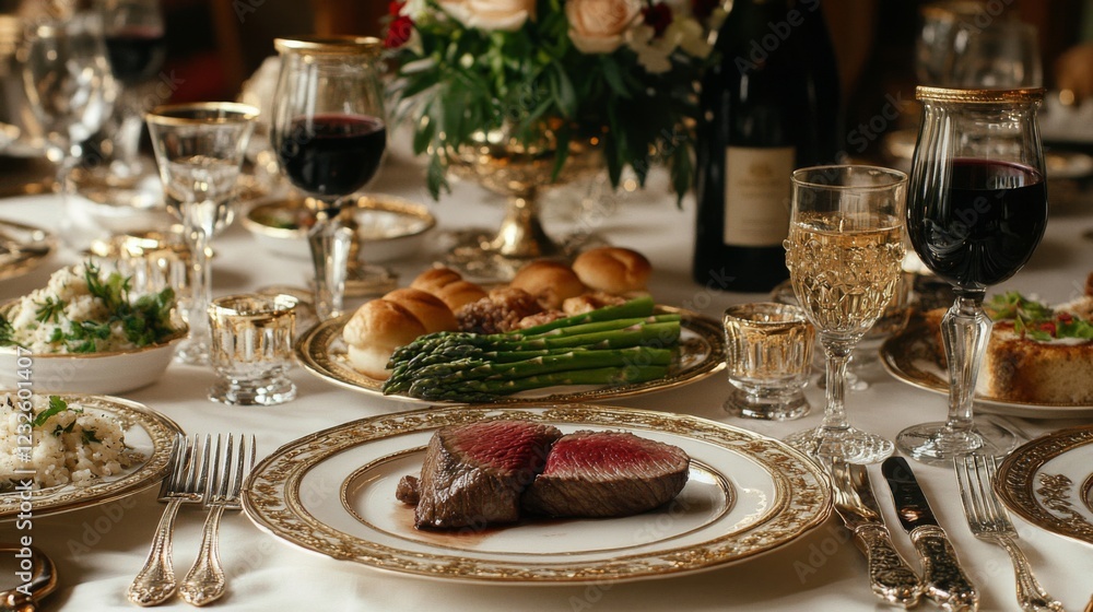 Fototapeta premium Elegant Filet Mignon Dinner with Red Wine and Asparagus