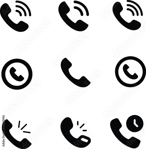 black and white call and phone icons set