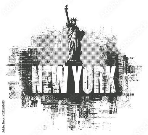 Vector banner or card with the famous American Statue of Liberty on the background of silhouettes skyscrapers and inscription of New York in grunge style. Suitable for  t-shirt design