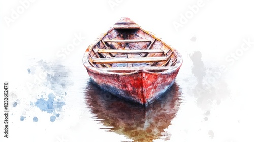 A solitary wooden boat floating on calm waters, surrounded by soft watercolor splashes photo