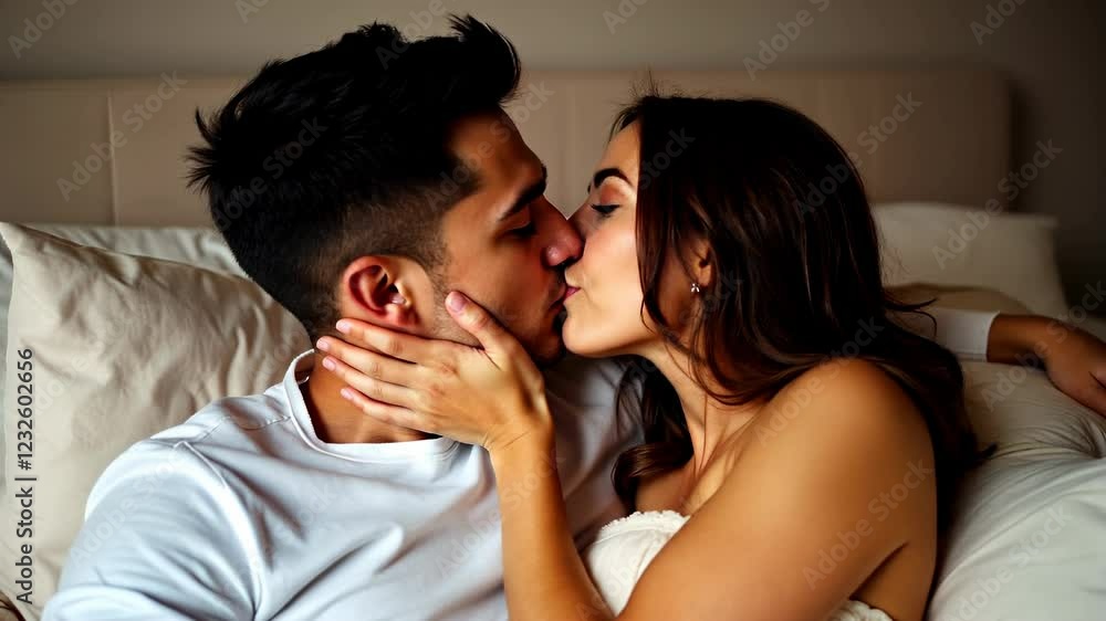 Couple, kissing and sex in home bedroom while erotic and sexual together. Man and a woman in bed for foreplay, libido and intimacy with a kiss on face for seduction, care and passion or desire Couple, kissing and sex in home bedroom while erotic and sexual together. Man and a woman in bed for foreplay, libido and intimacy with a kiss on face for seduction, care and passion or desire