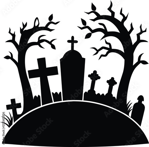 Spooky graveyard with tombstones silhouette illustration