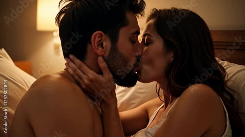Couple, kissing and sex in home bedroom while erotic and sexual together. Man and a woman in bed for foreplay, libido and intimacy with a kiss on face for seduction, care and passion or desire