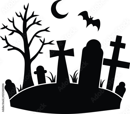 Spooky graveyard with tombstones silhouette illustration