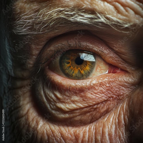 Close-up of an elder's eye highlighting rich textures and vibrant colors in natural light. Generative AI photo