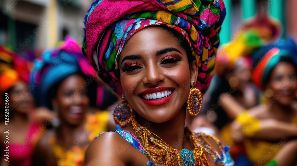 Fototapeta premium A joyful young woman in a vibrant costume smiles brightly while celebrating at a lively event, capturing the spirit of festivity, cultural expression, and exuberance.