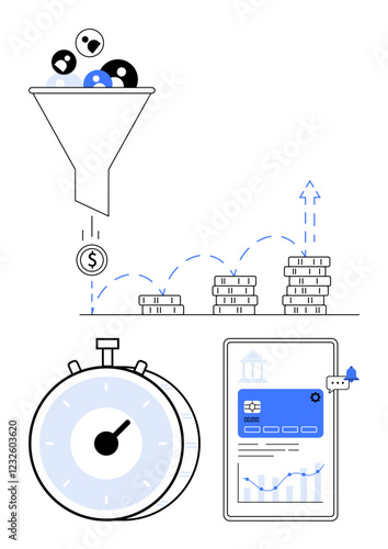 Funnel filtering leads into revenue, stopwatch tracking time, stacked coins symbolizing profit, mobile app showing analytics. Ideal for marketing, finance, time efficiency, ROI, data analysis growth