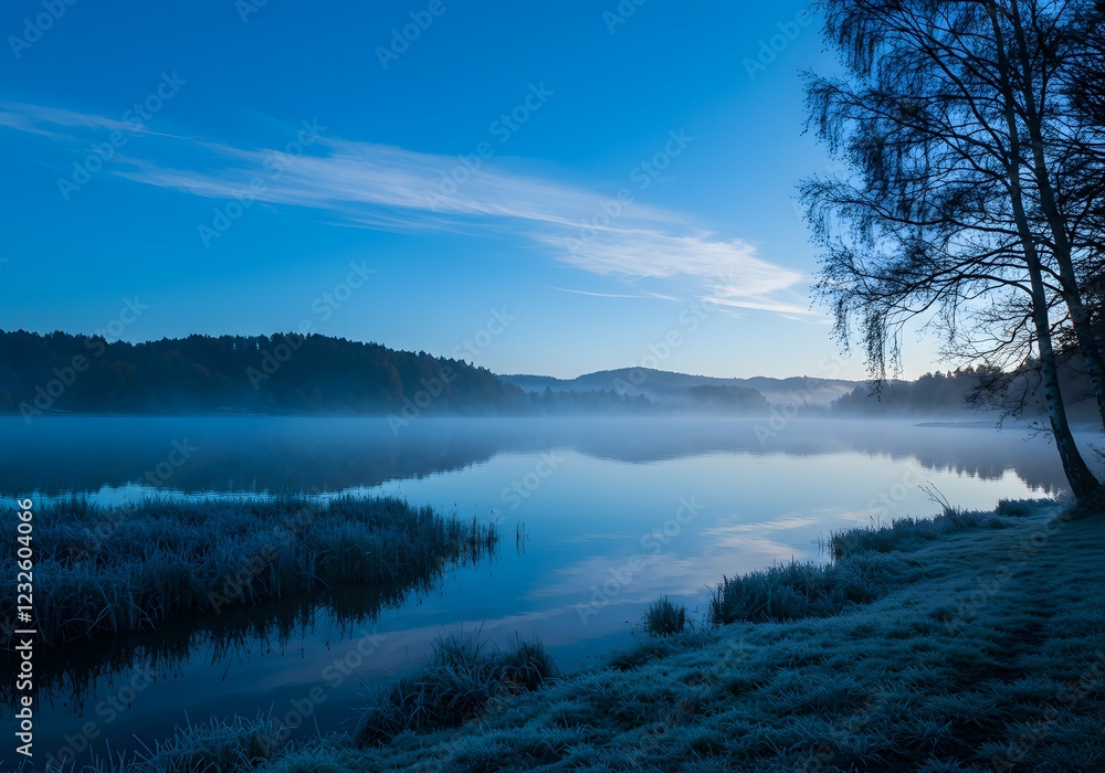 Fototapeta premium Serene Misty Lake Sunrise Landscape Photo