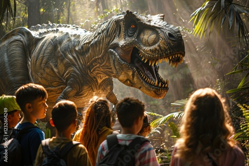 Kids of various backgrounds marveling at a dinosaur bone excavation site, with a life-size animatronic T-Rex in the background.
