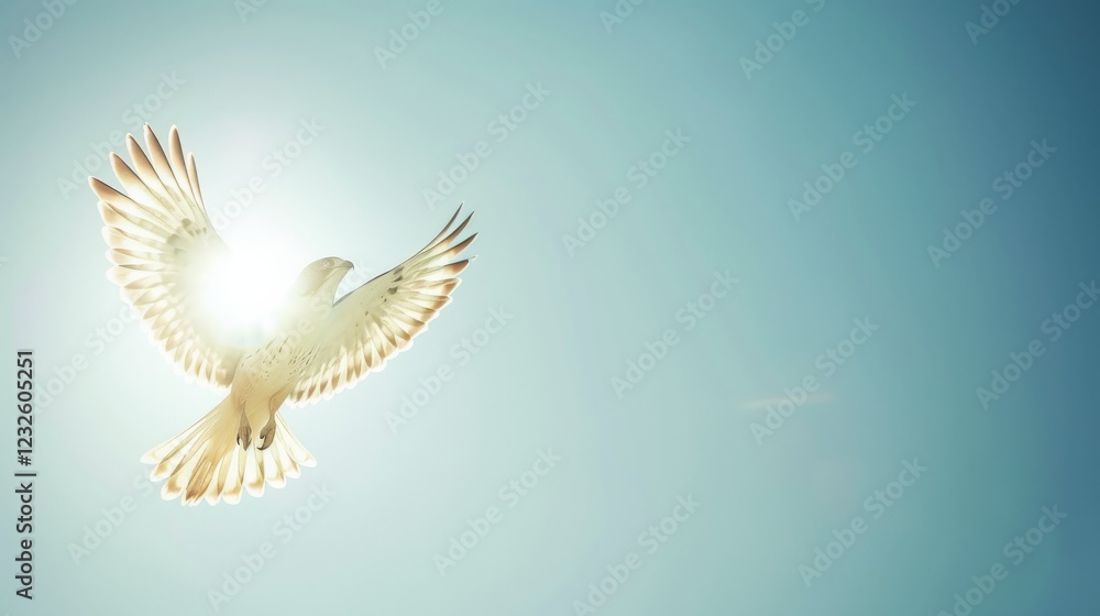 Fototapeta premium Majestic Hawk Soaring High with Wings Spanned Under a Blue Sky in Flight, Bird of Prey Gracefully Flying in Clear Horizon