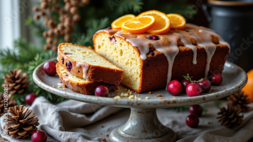 Wallpaper Mural A loaf of cake with raisins and orange slices on top, garnished with a dusting of sugar, displayed on a vintage plate. Torontodigital.ca