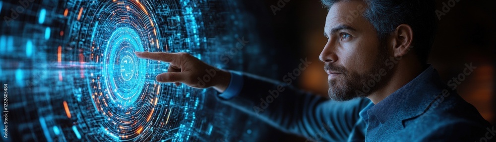 Obraz premium Man pointing at a digital screen with graphs and data for presentation in office environment