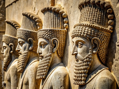 Minimalist Bas-Relief: Intricate Persian King Headdresses from Persepolis photo