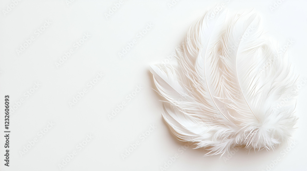 Fototapeta premium White feathers on white background, soft texture, minimalist design, website banner