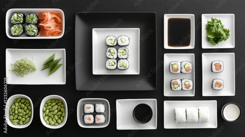 An Array of Delicious Sushi and Vegetable Dishes An Array of Delicious Sushi and Vegetable Dishes