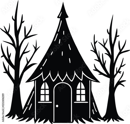 Witchs  hut in a forest silhouette vector illustration