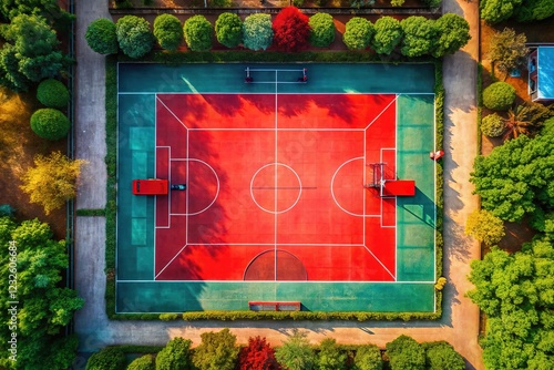 Top-down view of a lively, rubberized sports court.