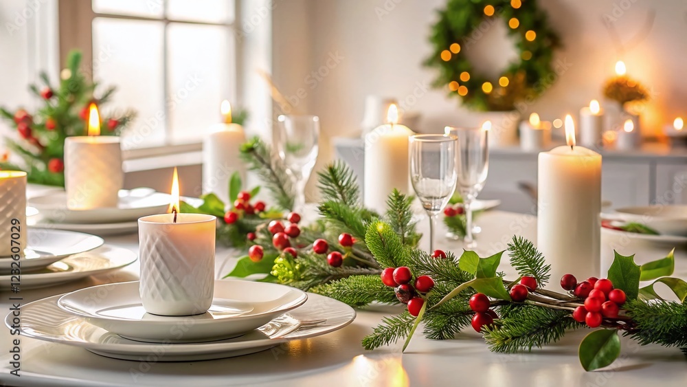 Minimalist Christmas Table Setting: White Festive Decor with Candles & Holly Minimalist Christmas Table Setting: White Festive Decor with Candles & Holly