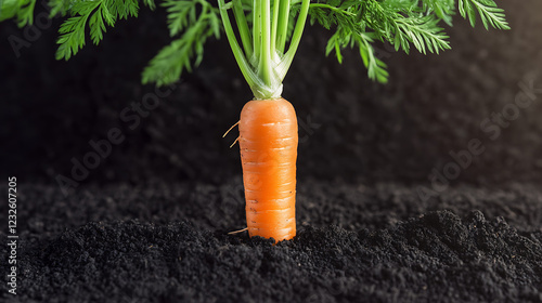 Vibrant carrot emerging from dark soil in a garden during daylight photo