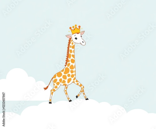 an image of a giraffe with a crown on its head standing on a cloud. photo