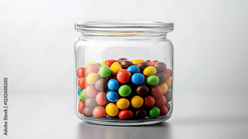 A clear glass jar filled with colorful candies, placed in the center of a white background A clear glass jar filled with colorful candies, placed in the center of a white background