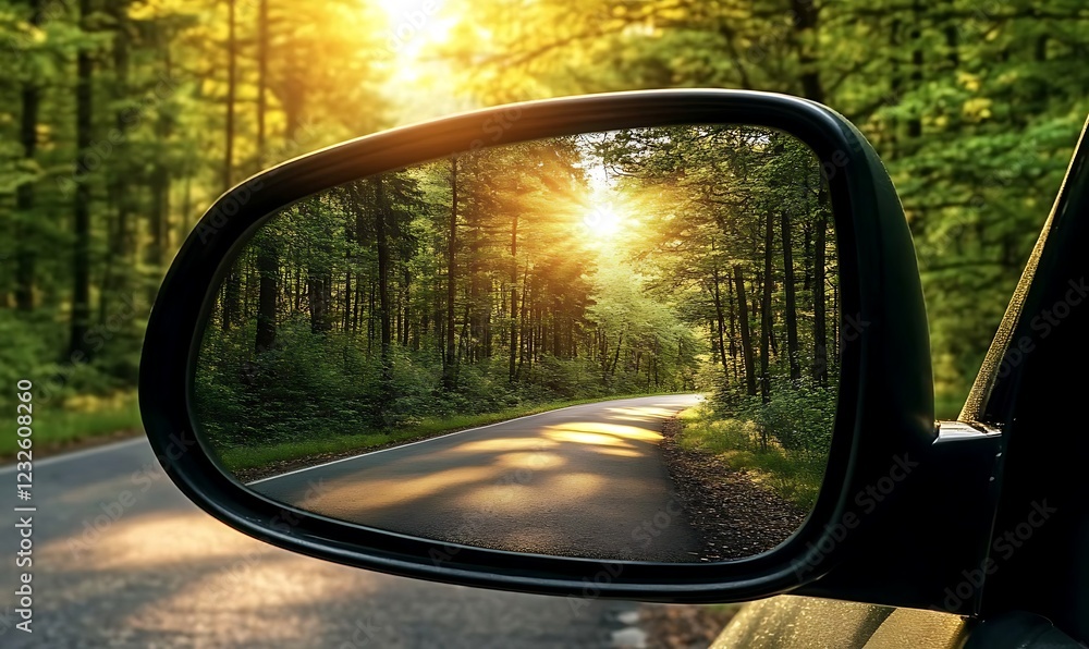 Close-up Car side mirror reflecting a scenic road through a forest with sunlight filtering through the trees, symbolizing travel Close-up Car side mirror reflecting a scenic road through a forest with sunlight filtering through the trees, symbolizing travel