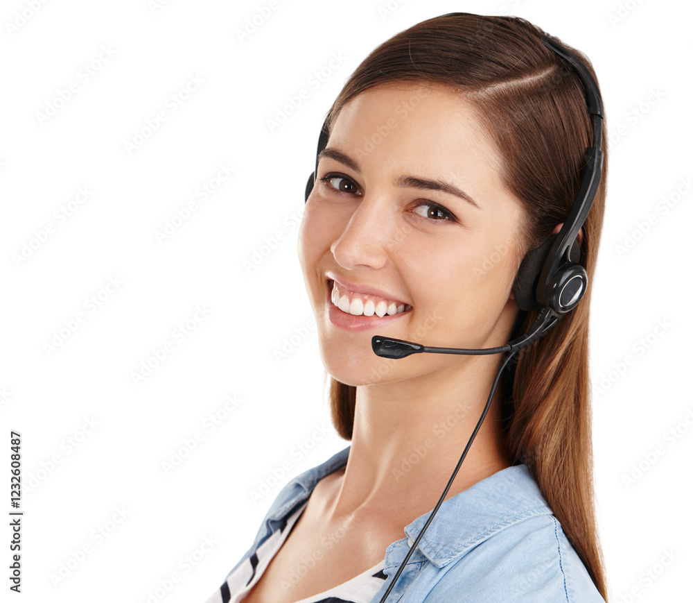Woman, portrait and telemarketing headset in studio, hotline operator and white background. Female person, call centre agent and helping with customer support, service and professional consultant Woman, portrait and telemarketing headset in studio, hotline operator and white background. Female person, call centre agent and helping with customer support, service and professional consultant