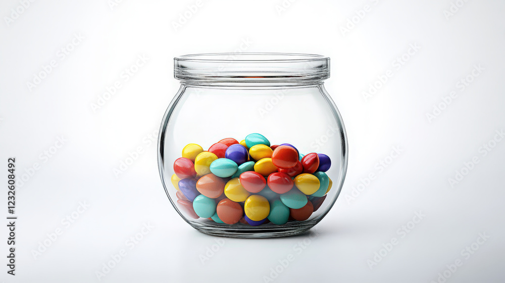 A clear glass jar filled with colorful candies, placed in the center of a white background A clear glass jar filled with colorful candies, placed in the center of a white background