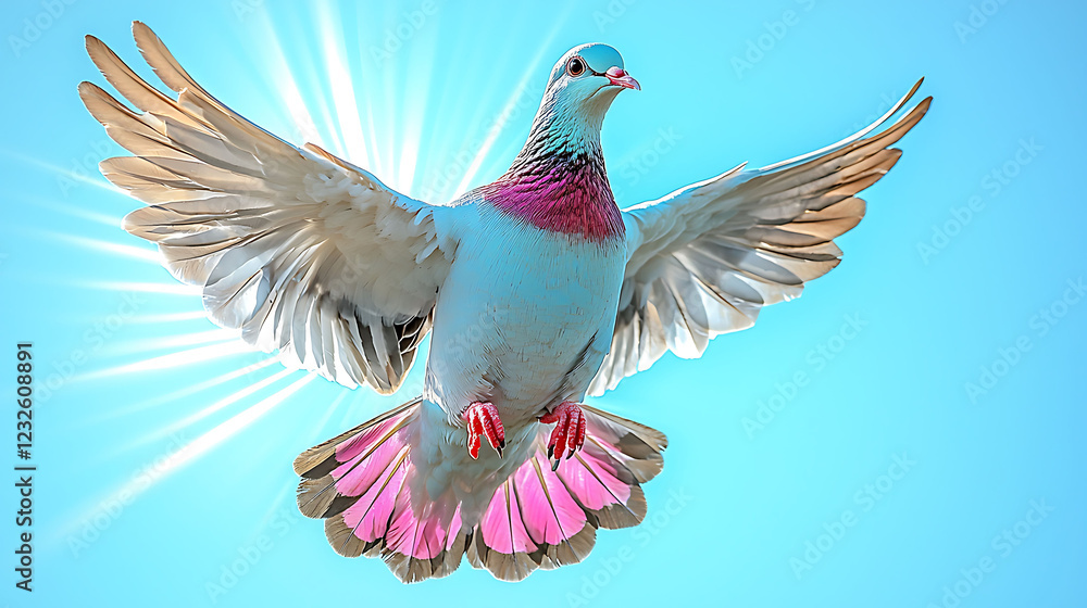Fototapeta premium Stunning pastelcolored pigeon in flight against a vibrant blue sky, backlit by a radiant sunburst. Perfect for concepts of peace, freedom, and hope ideal for websites, blogs, and social media.