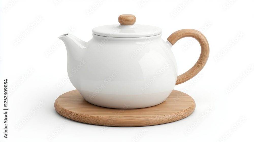 A pristine white teapot with a light wood handle and base. A pristine white teapot with a light wood handle and base.