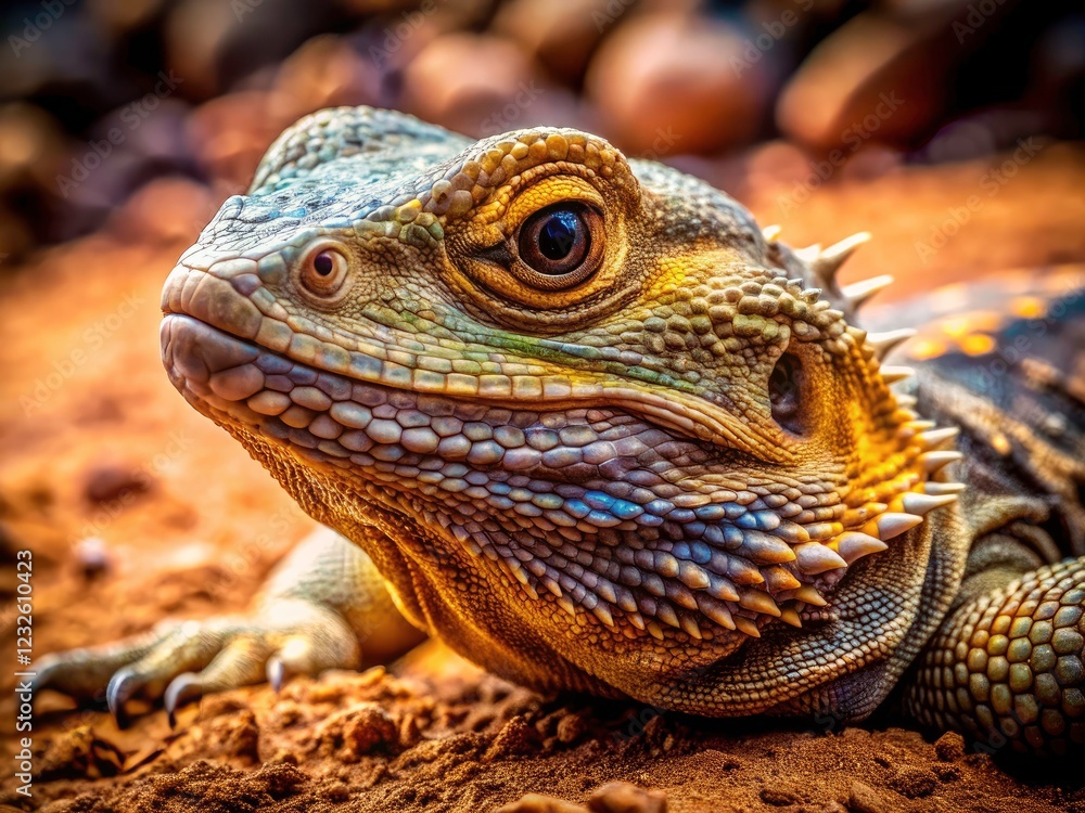 Fototapeta premium Wide-eyed desert reptile, head tilted, a captivating drone shot revealing intricate detail.