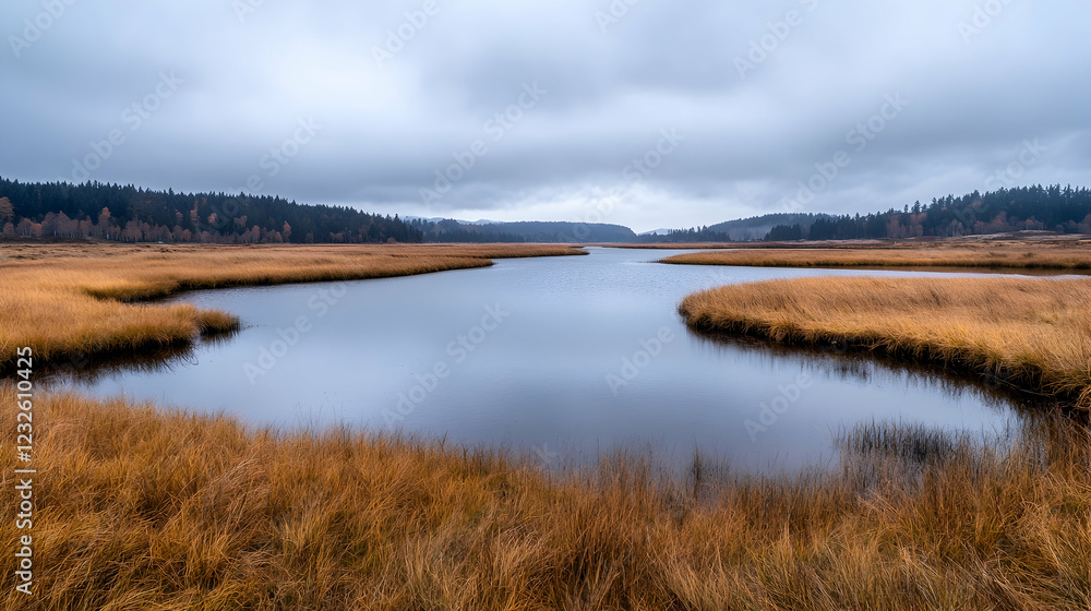Serene autumn river meanders through marshland under cloudy skies; nature background