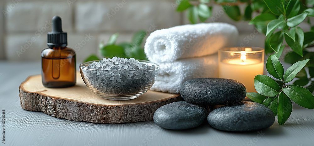 A tranquil spa setting featuring neatly rolled white towels, fresh green leaves, and smooth black hot stones. An amber bottle of essential oil and a bowl of sea salt complete the scene, A tranquil spa setting featuring neatly rolled white towels, fresh green leaves, and smooth black hot stones. An amber bottle of essential oil and a bowl of sea salt complete the scene,