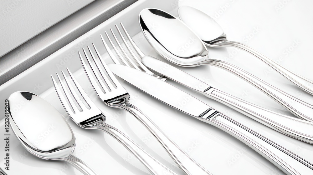 Elegant Stainless Steel Cutlery Set on White Background Elegant Stainless Steel Cutlery Set on White Background