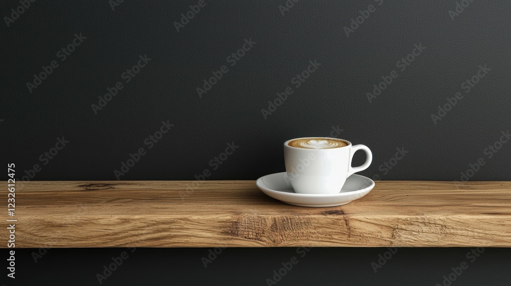 Fototapeta premium A minimalistic kitchen countertop with an isolated espresso cup and saucer placed on a wooden table.