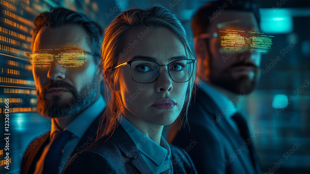 A group of three cybersecurity analysts, two men and one woman, dressed in business-casual attire, standing in a dark-lit high-tech office with glowing code and holographic firewalls in the background A group of three cybersecurity analysts, two men and one woman, dressed in business-casual attire, standing in a dark-lit high-tech office with glowing code and holographic firewalls in the background