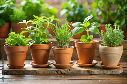 Wallpaper Mural sustainable living, A vibrant display of potted herbs on a wooden surface, showcasing fresh plants in terracotta pots, perfect for cooking and home decor. Torontodigital.ca