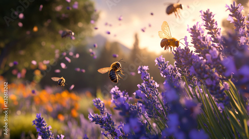 Wallpaper Mural Bees are busy pollinating lavender blossoms in a tranquil garden during the golden hour. The soft sunlight enhances the beauty of the colorful flowers and the peaceful atmosphere Torontodigital.ca
