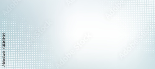 Abstract light blue blurred background horizontal panoramic web banner. Halftone corner texture. white geometric background for overlay effect. Subtle pattern. Digital polka. Dots gradation.