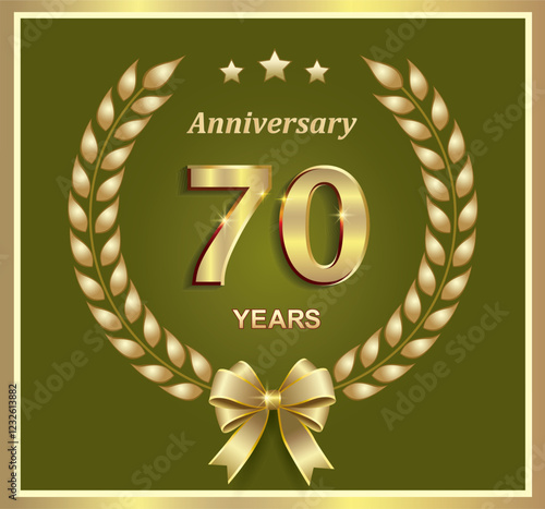  70 years anniversary, greeting card, festive background with golden jubilee numbers and laurel wreath. Vector illustration