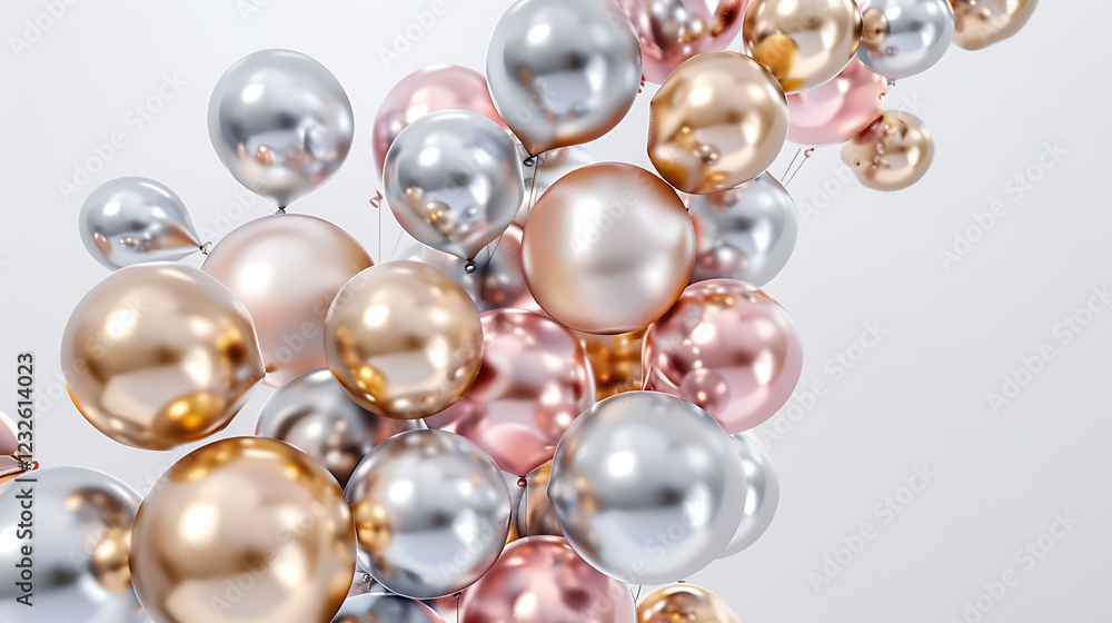 A bouquet of helium-filled metallic balloons in gold, silver, and pink on a white background A bouquet of helium-filled metallic balloons in gold, silver, and pink on a white background