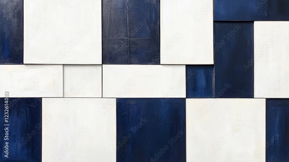 Fototapeta premium Hard-edge abstract featuring precise rectangles in alternating white and navy blue