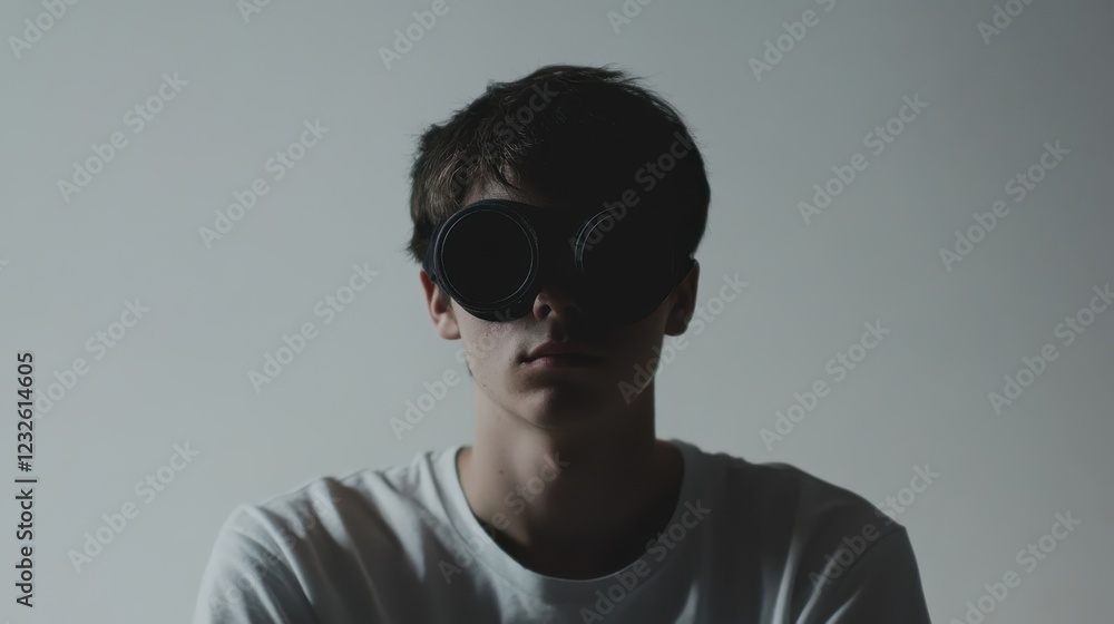 Young Person with Unique Goggles in Minimalist Setting Young Person with Unique Goggles in Minimalist Setting