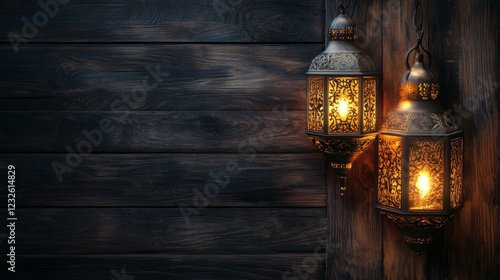 Ramadan Kareem featuring traditional Muslim lanterns on a wooden background with greetings for the holy holiday